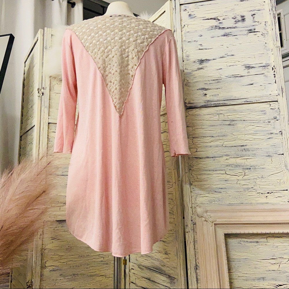 High end bohemian pink  tunic with cream crochet on back  blouse